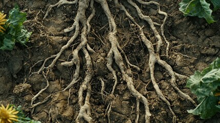 Fototapeta premium Roots spread in cracked earth, surrounded by green plants