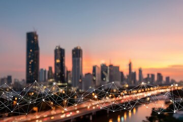 Naklejka premium A blurred city skyline at sunset, featuring modern skyscrapers and a network of interconnected lines in the foreground.