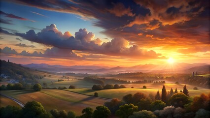 A beautiful orange and red sunset paints the sky with clouds over a river landscape