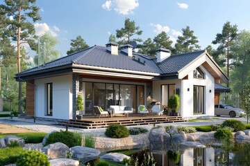 A modern stone house showcases large windows, elegant lighting, and a well maintained yard ,3d rendering of modern cozy clinker house on the ponds with garage and pool for sale or rent with beautiful 