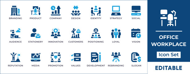 Office Icon Set. Includes vector icons of meeting, team, clipboard, employee, workplace, archive, computer, schedule, desk, illustration, chair, set