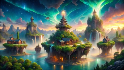 Fototapeta premium Enchanted Floating Islands with Serene Waterfalls and Mystical Structures Under a Vibrant Aurora