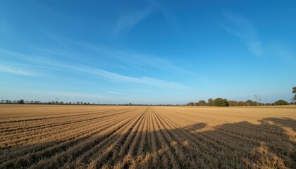 Serene Rural Landscape with Golden Fields Under Clear Blue Sky
