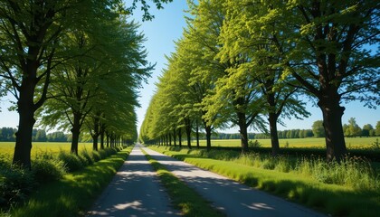 Fototapeta premium Scenic Tree-Lined Pathway Through Lush Green Fields Under Blue Sky