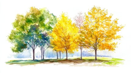 Naklejka premium A serene forest landscape with autumn and green trees under a sunny sky is beautifully represented in a colorful watercolor painting, symbolizing the beauty of nature