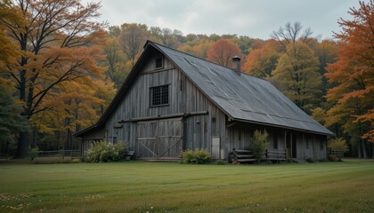 Obraz premium Serene Barn Surrounded by Autumn Foliage in Rural Landscape