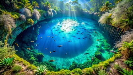 Fototapeta premium Sunlit Underwater Oasis Vibrant Fish Swim in Crystal-Clear Cenote, Lush Tropical Plants Frame the Scene