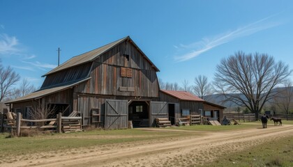 Obraz premium Rustic Barn Surrounded by Green Grass Under Clear Blue Sky