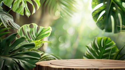 wooden palm podium design leaf green platform mock up space color ,The empty wooden table for product display with blur background of tropical jungle