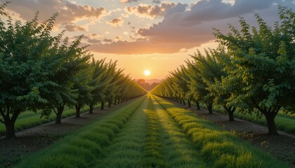 Obraz premium Serenity of a Sunset Over Almond Orchard with Lush Green Rows