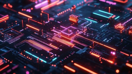 Fototapeta premium Abstract technology background with glowing neon circuit board. Concept of digital technology, data processing, and artificial intelligence.