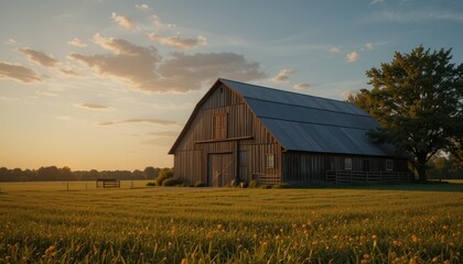 Obraz premium Scenic Rustic Barn Surrounded by Lush Green Grass at Sunset