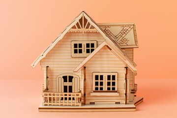 Miniature wooden house on pastel background ,Model of a family house isolated on white background ,A small wooden house sitting on top of a wooden table