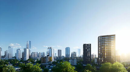 Obraz premium Modern City Skyline At Sunrise With Lush Green Trees