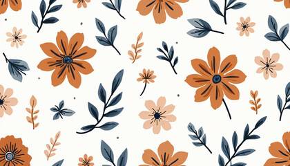 A pattern of orange and blue flowers on a white background.