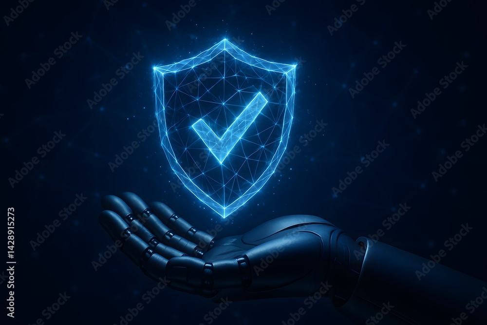 Poster digital security concept with robotic hand holding shield icon