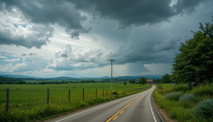 Scenic Country Road Under Dramatic Clouds and Green Landscape