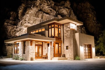 Modern House Design with Stone and Glass Elements at Night