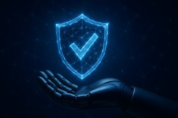 Digital Security Concept with Robotic Hand Holding Shield Icon