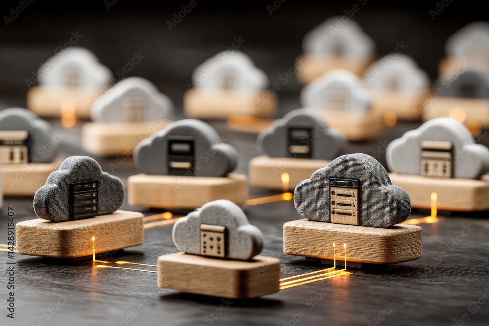 Poster the image showcases stylized cloud designs on wooden bases, representing cloud computing and network