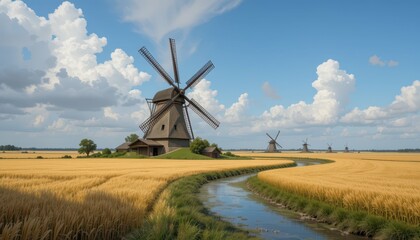Fototapeta premium Scenic Windmill Landscape with Golden Fields and Blue Skies