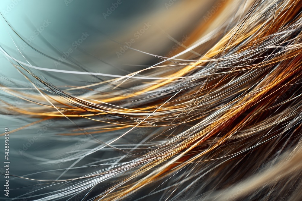 Poster close-up view of hair strands with highlights and a soft blurred background showcasing beautiful tex