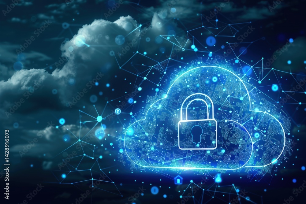 Poster a digital cloud illustration with a padlock symbolizing data security, featuring a network of connec