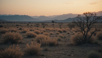 Obraz premium Serene Landscape at Dusk with Golden Grass and Mountain Background