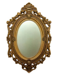 An ornate, vintage-style mirror with an intricate gold frame featuring floral and scroll motifs.