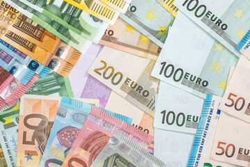 top view of different euro EU bills 50 100 200 500 value