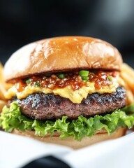 Delicious cheeseburger with fresh ingredients.