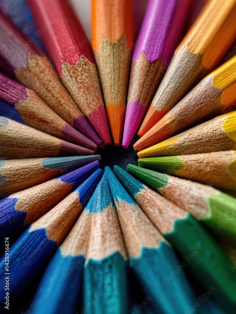 Poster close-up view of colorful pencil tips arranged in a captivating radial pattern showcasing vibrant hu
