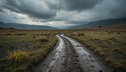 Serene Muddy Path through Lush Meadow under Dramatic Cloudy Sky