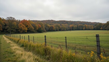 Fototapeta premium Serene Autumn Landscape with Rolling Hills and Fenced Pasture