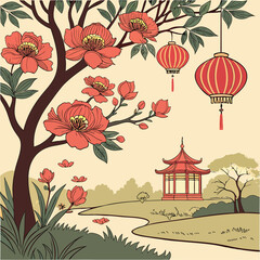 Peony Red Chinese Style Flower Festival New Year