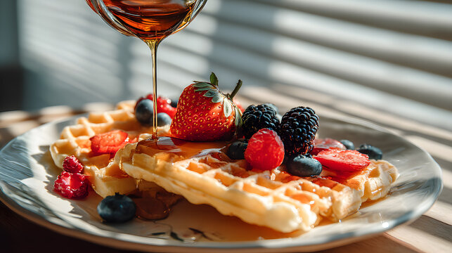 Golden waffles drizzled with maple syrup and topped with fresh mixed berries on a sunny morning evoke a comforting breakfast experience.