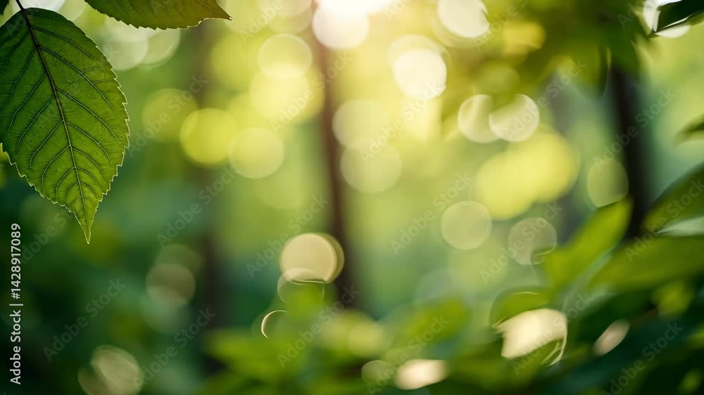 Poster close-up of green leaves with soft focus bokeh effect in a lush forest during a warm sunny day with 