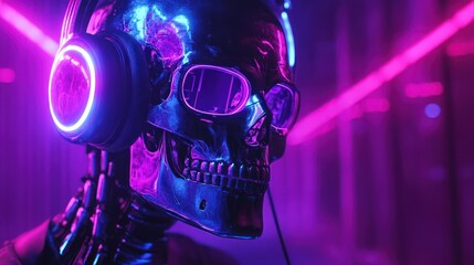 Fototapeta premium Futuristic robotic skull with neon headphones in urban setting