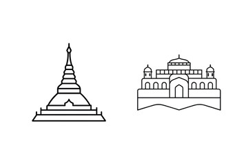 Simple Line Art Of Myanmar Shwedagon Pagoda And Bangladeshi Parliament Buildings