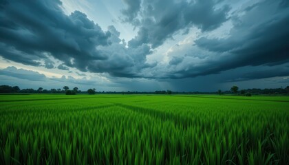 Obraz premium Lush Green Rice Field Under Dramatic Cloudy Sky Before Rain