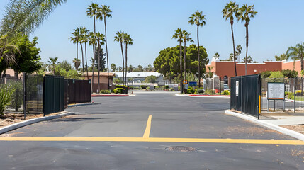 Empty Parking Lot Entrance With Palm Trees