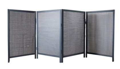 A modern folding screen featuring a grid pattern, designed for privacy or decorative purposes in interior spaces.