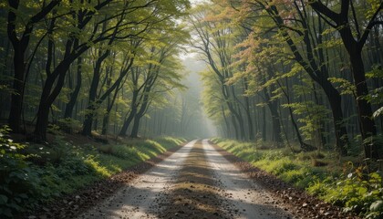 Naklejka premium Serene Path Through Sunlit Forest with Lush Green Foliage and Fog