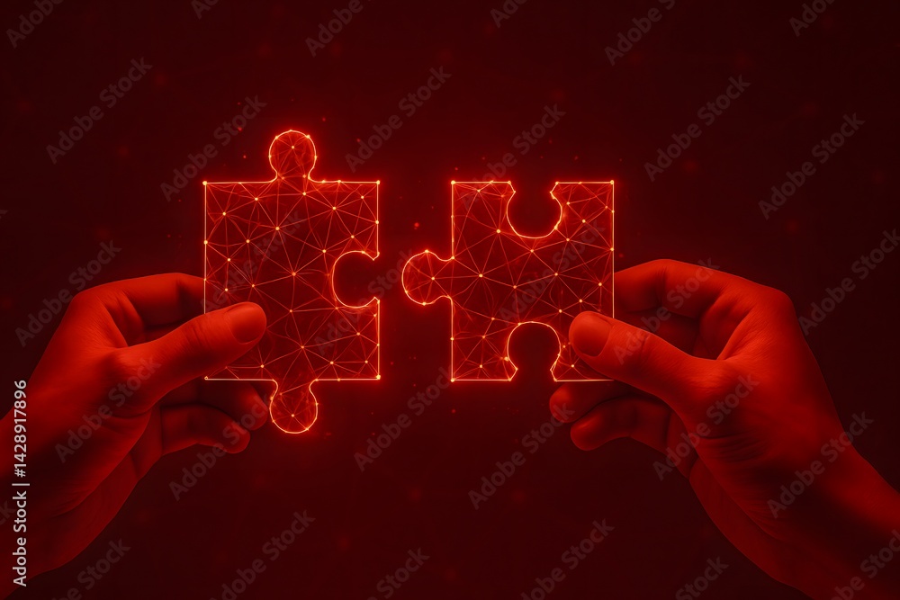 Poster hands holding two interlocking puzzle pieces in neon glow