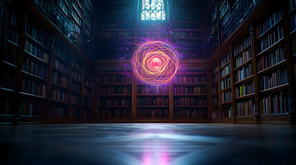 Obraz premium Dark Library With Glowing Sphere