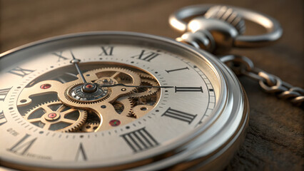 Fototapeta premium close up of ticking pocket watch showcasing intricate gears and classic design, evoking sense of nostalgia and craftsmanship