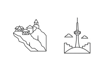 Architectural Landmark Minimalist Outline Icons Of Mountain Village And Modern Tower