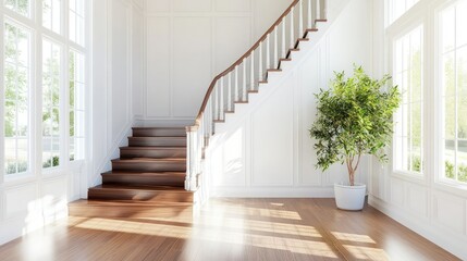 Obraz premium Classic staircase with white paneled walls and rich wooden steps in bright space
