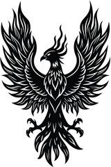Majestic phoenix rises black silhouette illustration design for tattoo or logo