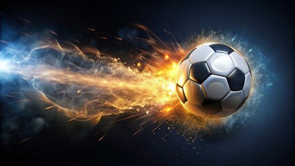 Fototapeta premium A Fiery Soccer Ball Soaring Through Space, Leaving a Trail of Sparkling Dust and Glowing Embers, a Dynamic Image Representing the Excitement and Intensity of the Sport